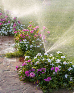 Sprinklers watering a colorful flower garden