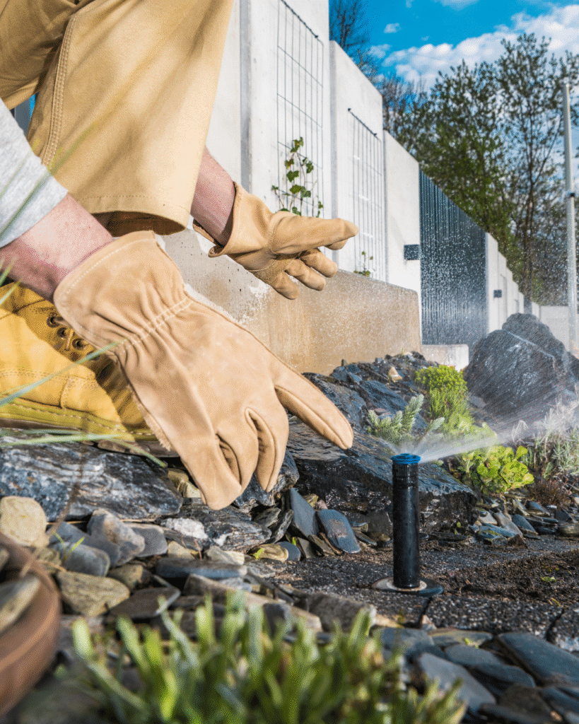 a person wearing gloves spraying water on a black pipe