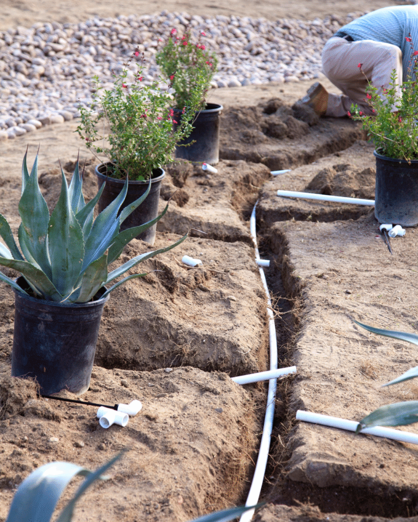 PVC irrigation lines being laid in a trench