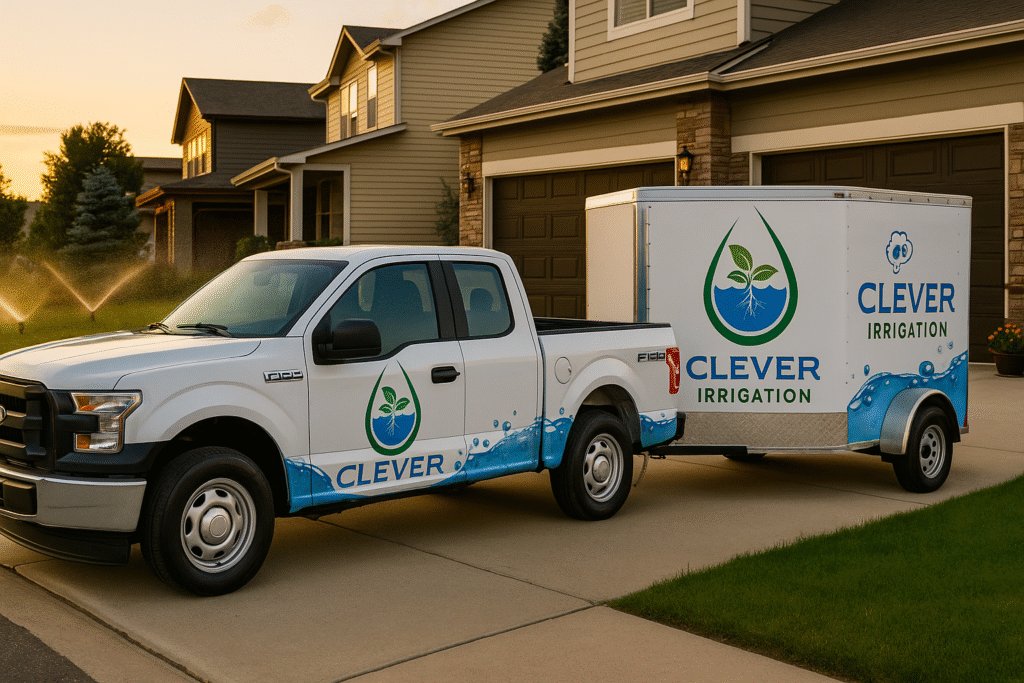 Clever Irrigation service truck and trailer parked in front of suburban home with sprinklers running